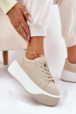 New Sneakersy Na Masywnej Platformie Gładkie Beżowe Tirvanis Damskie Buty Sportowe Na Platformie|Sneakersy Damskie