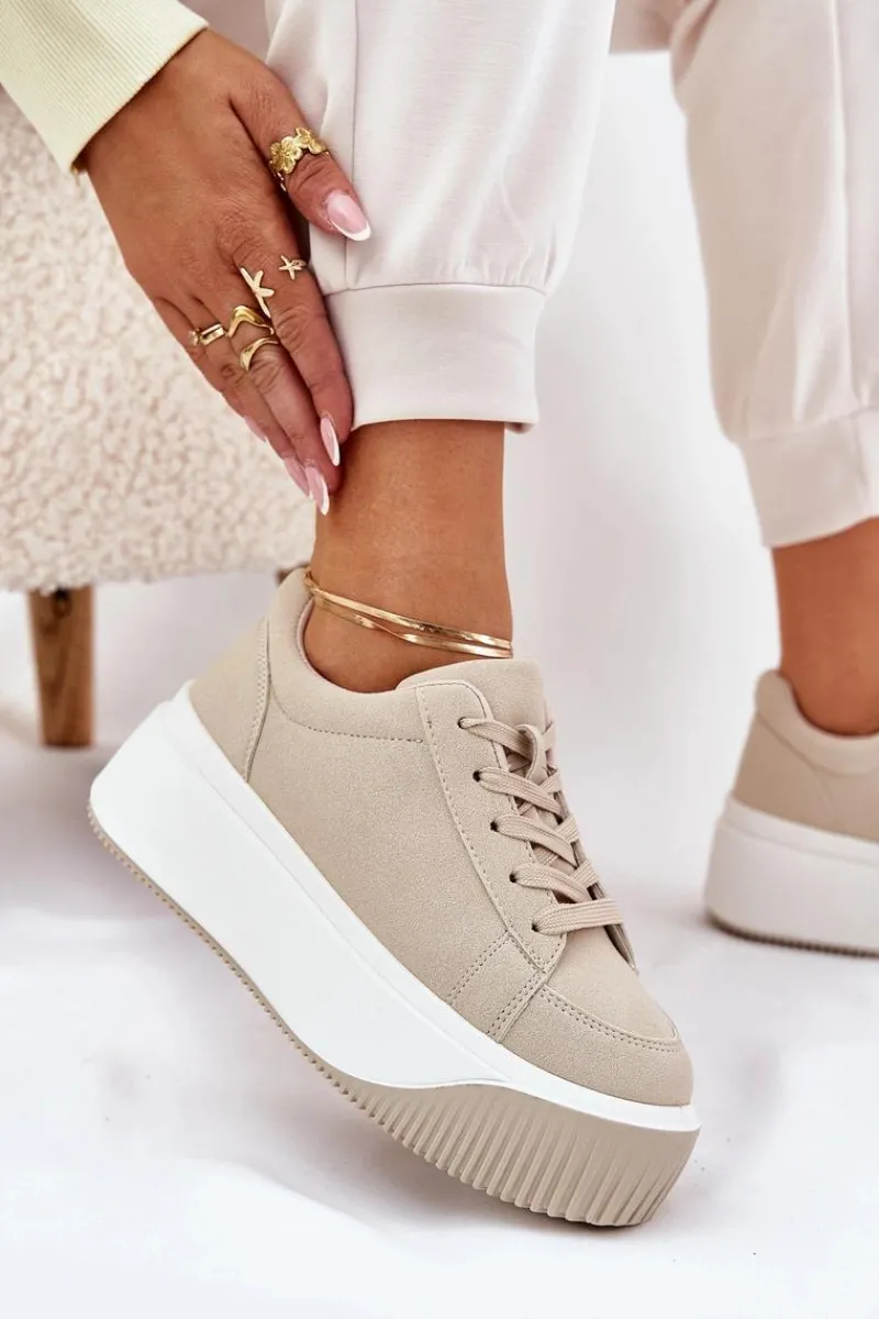 New Sneakersy Na Masywnej Platformie Gładkie Beżowe Tirvanis Damskie Buty Sportowe Na Platformie|Sneakersy Damskie