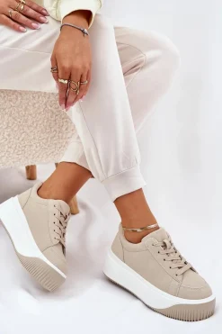 New Sneakersy Na Masywnej Platformie Gładkie Beżowe Tirvanis Damskie Buty Sportowe Na Platformie|Sneakersy Damskie