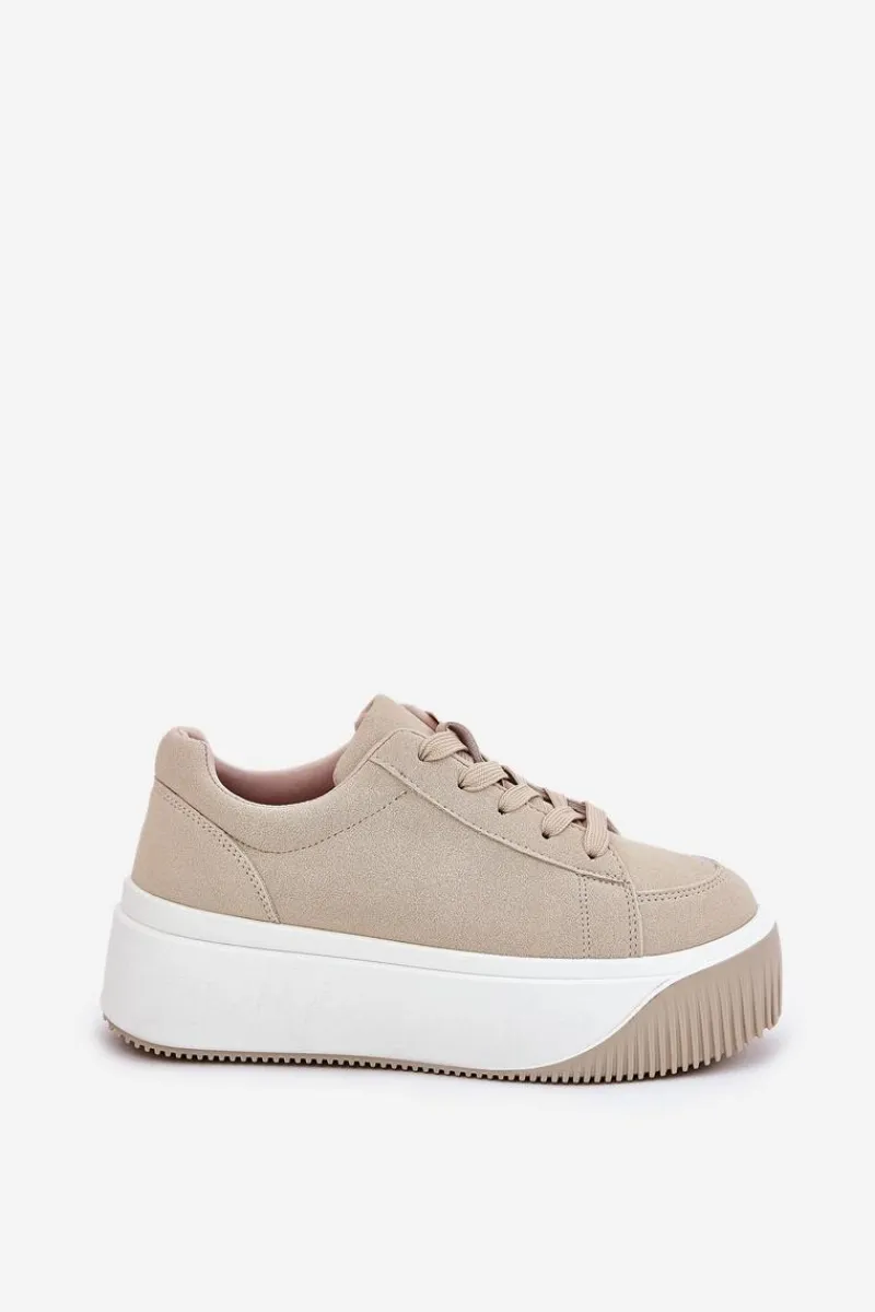 New Sneakersy Na Masywnej Platformie Gładkie Beżowe Tirvanis Damskie Buty Sportowe Na Platformie|Sneakersy Damskie