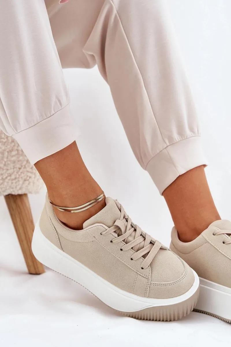 New Sneakersy Na Masywnej Platformie Gładkie Beżowe Tirvanis Damskie Buty Sportowe Na Platformie|Sneakersy Damskie