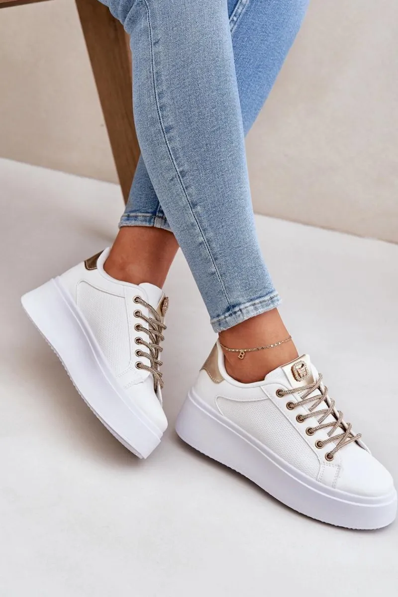 Discount Sneakersy Na Platformie Z Ozdobnymi Sznurówkami Biało-Złote Fonetha Damskie Buty Sportowe Na Platformie|Sneakersy Damskie