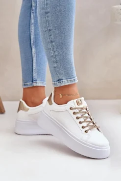Discount Sneakersy Na Platformie Z Ozdobnymi Sznurówkami Biało-Złote Fonetha Damskie Buty Sportowe Na Platformie|Sneakersy Damskie