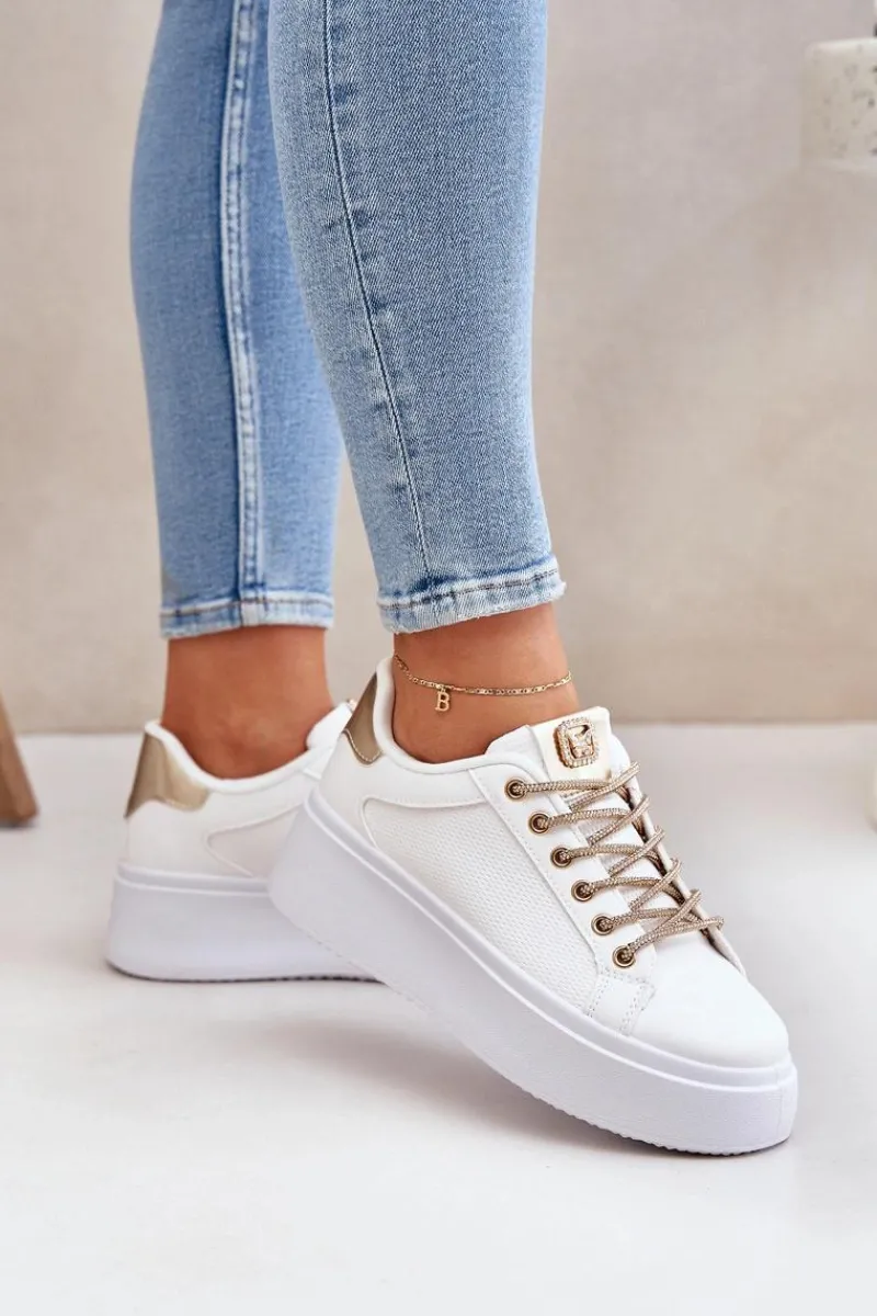 Discount Sneakersy Na Platformie Z Ozdobnymi Sznurówkami Biało-Złote Fonetha Damskie Buty Sportowe Na Platformie|Sneakersy Damskie