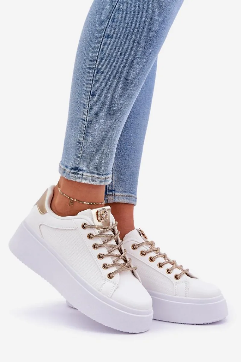 Discount Sneakersy Na Platformie Z Ozdobnymi Sznurówkami Biało-Złote Fonetha Damskie Buty Sportowe Na Platformie|Sneakersy Damskie
