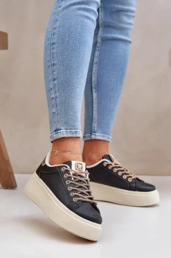 Buty Sportowe Na Platformie|Sneakersy Damskie>Boto Sneakersy Na Platformie Z Ozdobnymi Sznurówkami Czarne Fonetha Czarny
