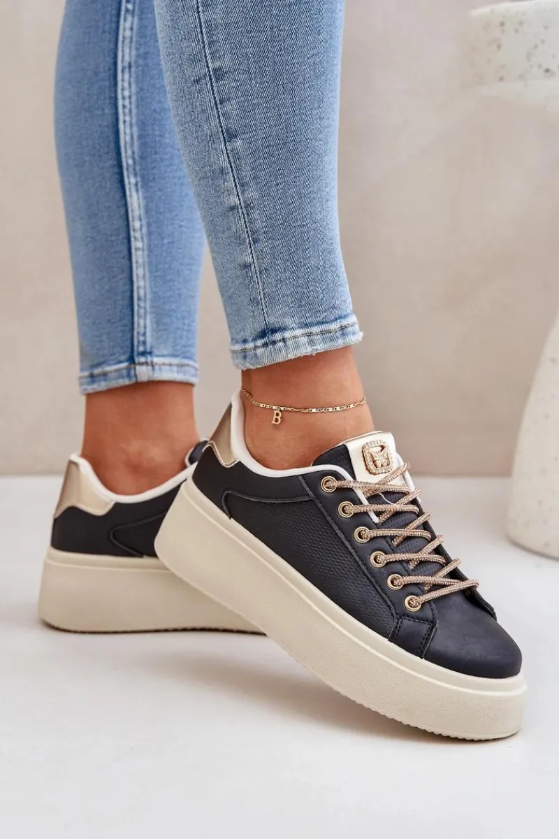 Buty Sportowe Na Platformie|Sneakersy Damskie>Boto Sneakersy Na Platformie Z Ozdobnymi Sznurówkami Czarne Fonetha Czarny