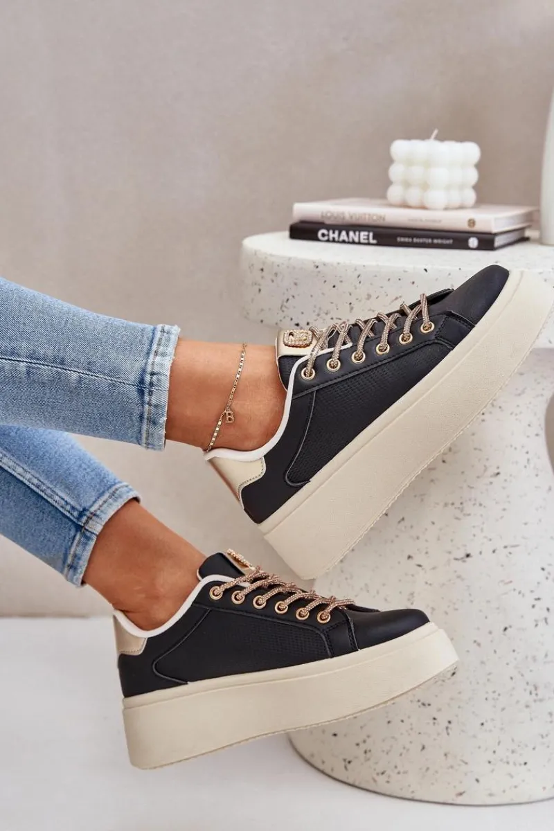 Buty Sportowe Na Platformie|Sneakersy Damskie>Boto Sneakersy Na Platformie Z Ozdobnymi Sznurówkami Czarne Fonetha Czarny