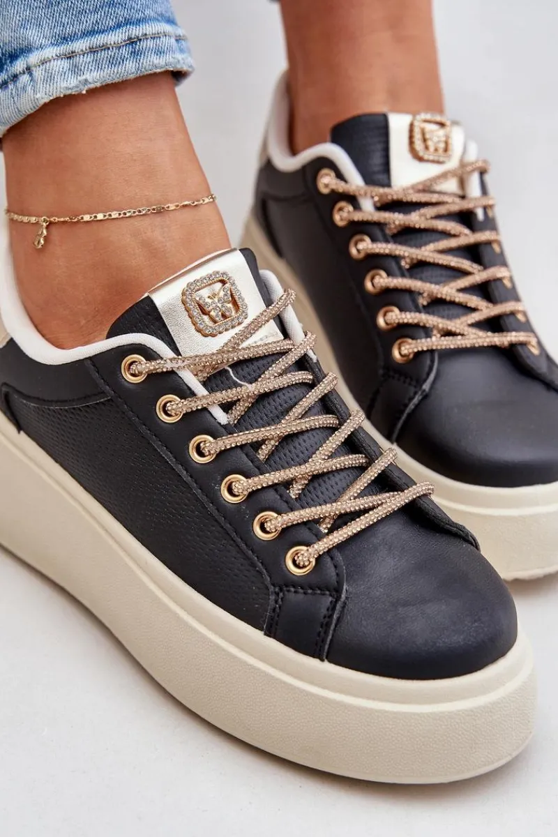 Buty Sportowe Na Platformie|Sneakersy Damskie>Boto Sneakersy Na Platformie Z Ozdobnymi Sznurówkami Czarne Fonetha Czarny
