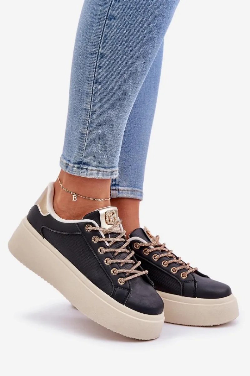 Buty Sportowe Na Platformie|Sneakersy Damskie>Boto Sneakersy Na Platformie Z Ozdobnymi Sznurówkami Czarne Fonetha Czarny
