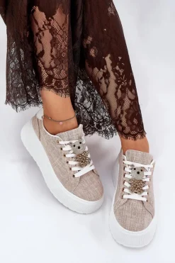 Discount Sneakersy Na Platformie Z Przypinką Miś S.Barski BF51-014 Beżowe Damskie Sneakersy Damskie
