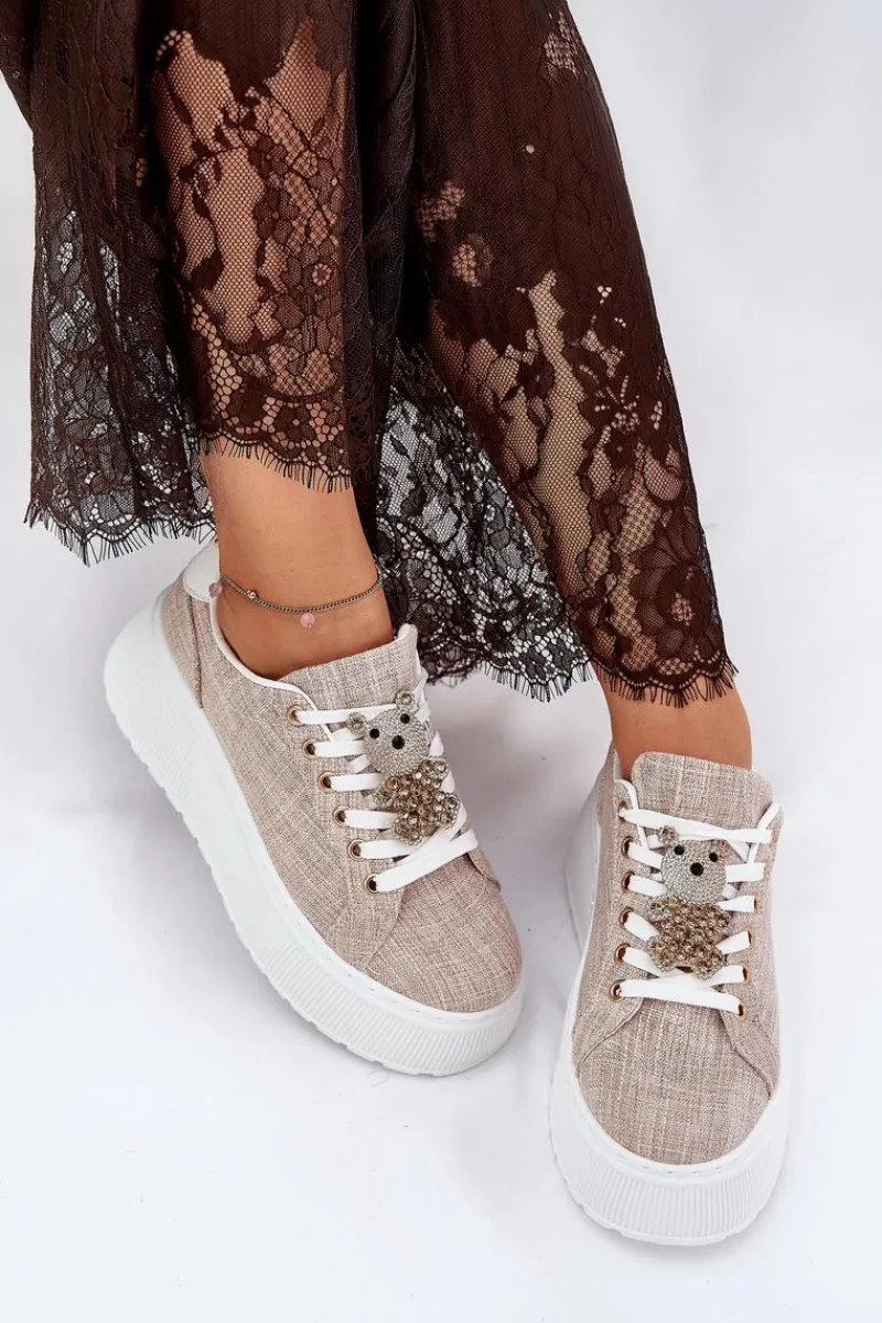 Discount Sneakersy Na Platformie Z Przypinką Miś S.Barski BF51-014 Beżowe Damskie Sneakersy Damskie