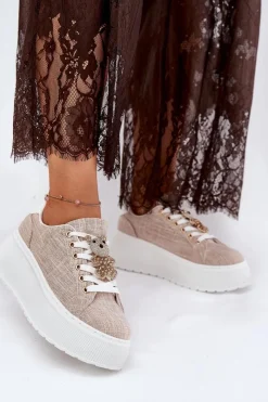 Discount Sneakersy Na Platformie Z Przypinką Miś S.Barski BF51-014 Beżowe Damskie Sneakersy Damskie