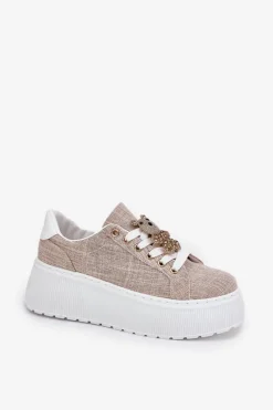 Discount Sneakersy Na Platformie Z Przypinką Miś S.Barski BF51-014 Beżowe Damskie Sneakersy Damskie