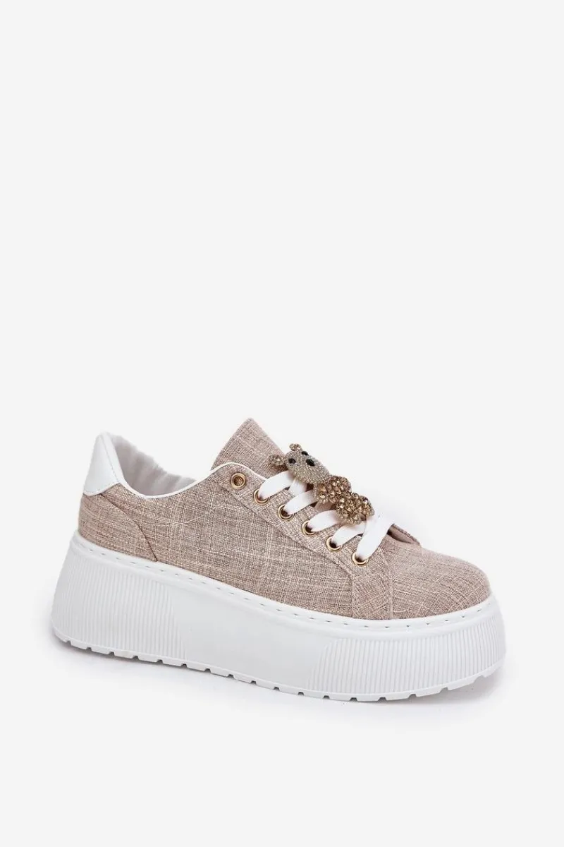 Discount Sneakersy Na Platformie Z Przypinką Miś S.Barski BF51-014 Beżowe Damskie Sneakersy Damskie