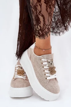 Discount Sneakersy Na Platformie Z Przypinką Miś S.Barski BF51-014 Beżowe Damskie Sneakersy Damskie