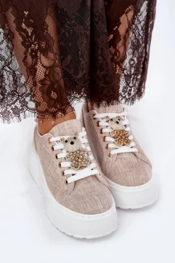 Discount Sneakersy Na Platformie Z Przypinką Miś S.Barski BF51-014 Beżowe Damskie Sneakersy Damskie