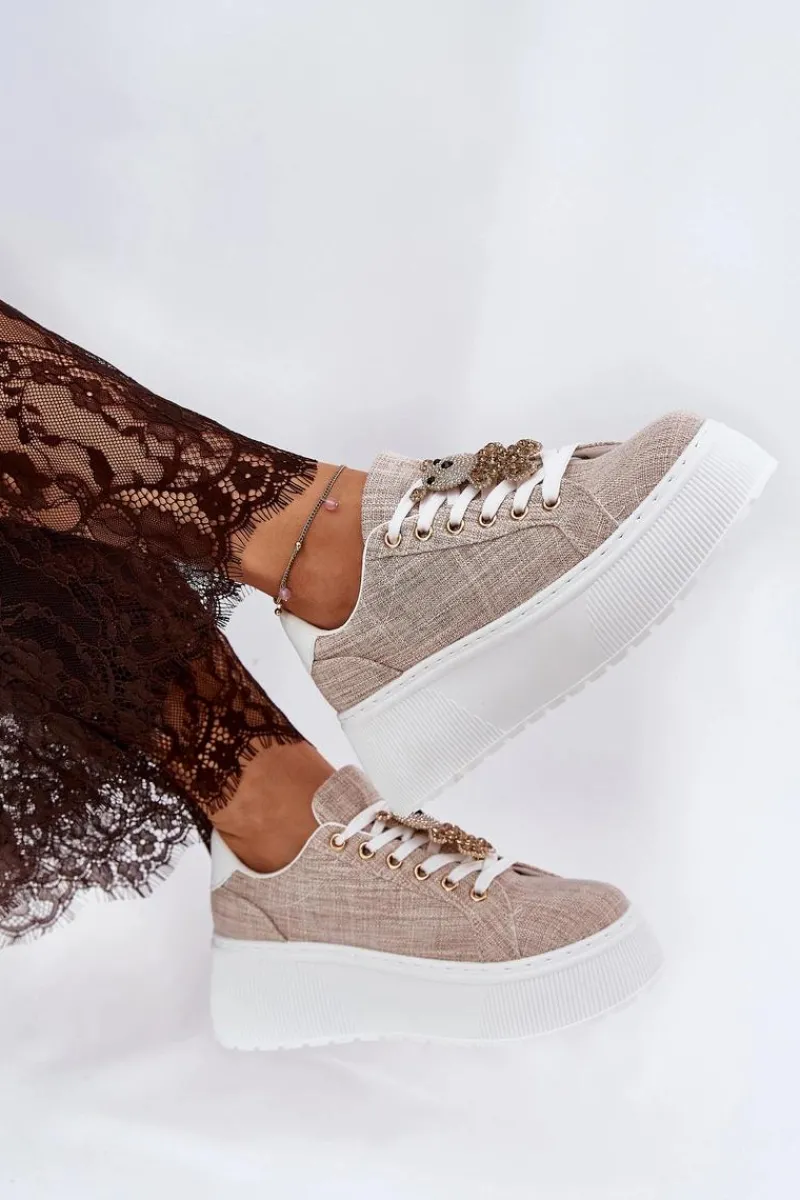 Discount Sneakersy Na Platformie Z Przypinką Miś S.Barski BF51-014 Beżowe Damskie Sneakersy Damskie