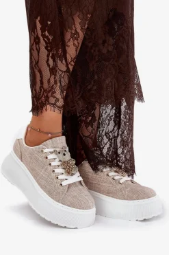 Discount Sneakersy Na Platformie Z Przypinką Miś S.Barski BF51-014 Beżowe Damskie Sneakersy Damskie