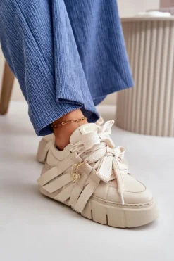 CheBello Sneakersy Skórzane Damskie Na Platformie Beżowe 4568