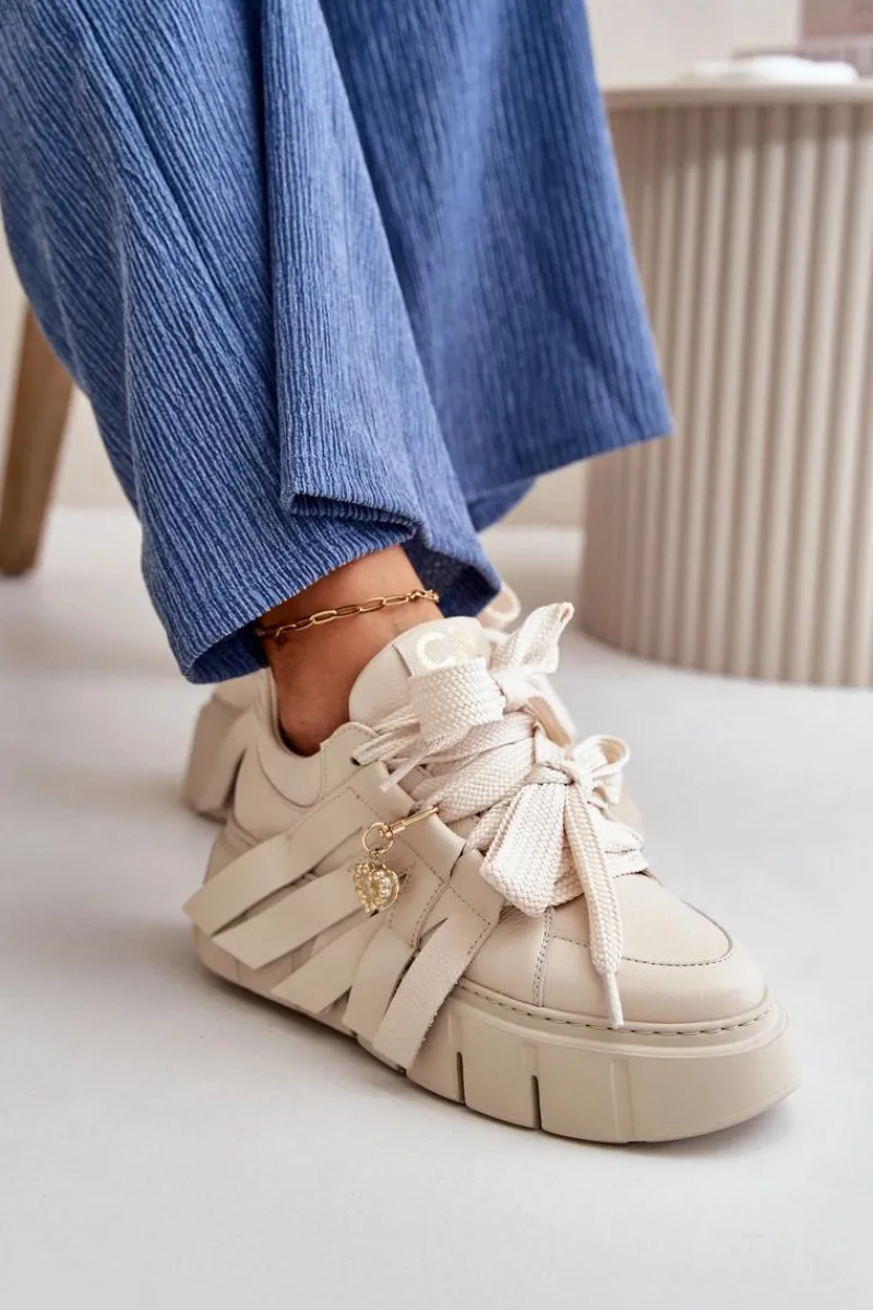 CheBello Sneakersy Skórzane Damskie Na Platformie Beżowe 4568