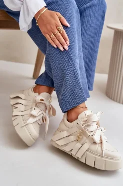 CheBello Sneakersy Skórzane Damskie Na Platformie Beżowe 4568