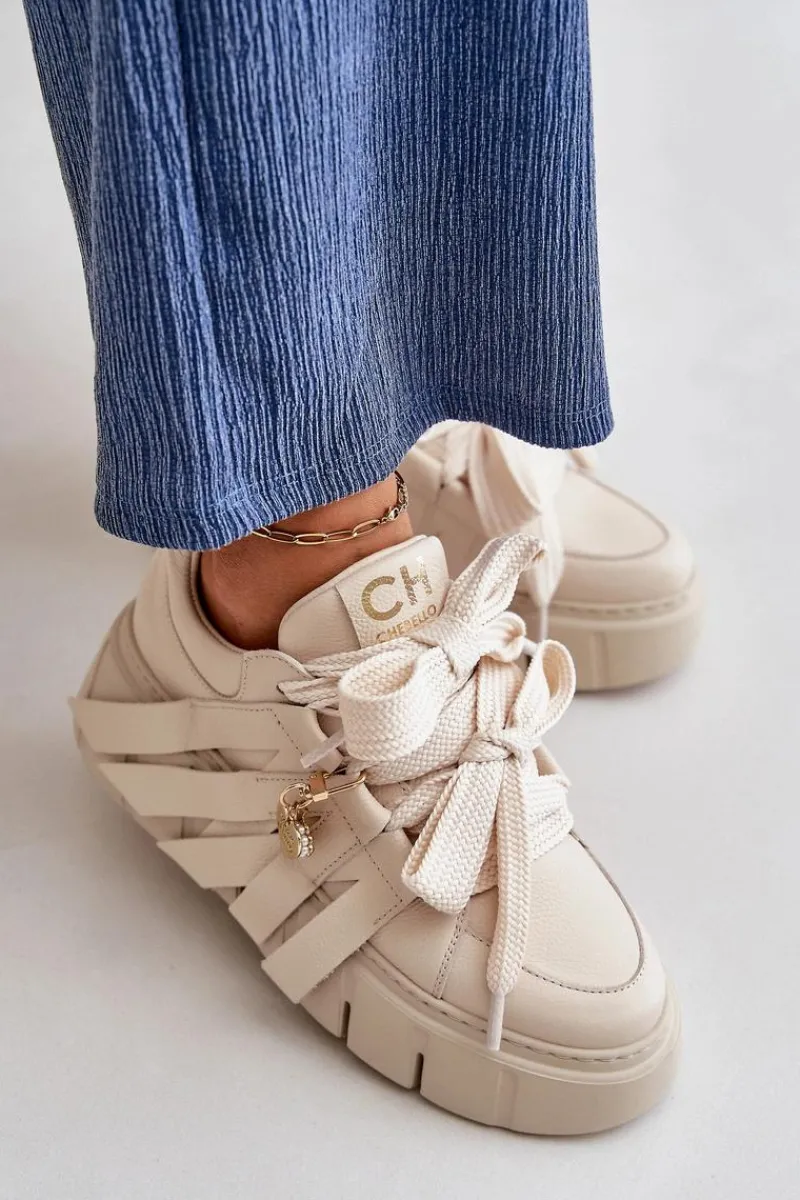 CheBello Sneakersy Skórzane Damskie Na Platformie Beżowe 4568