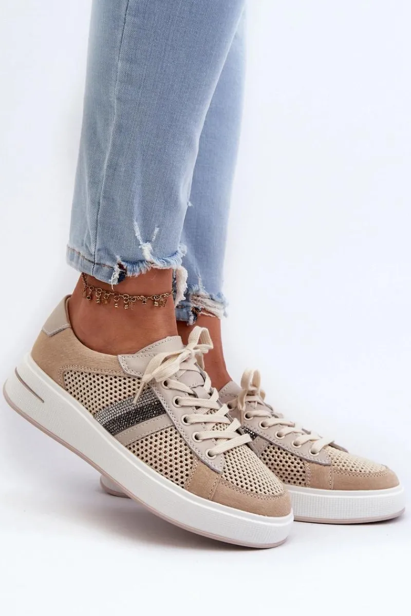 Sneakersy Damskie>Damskie buty S.Barski Sneakersy Skórzane Damskie D&A LR110 Beżowe Beżowy