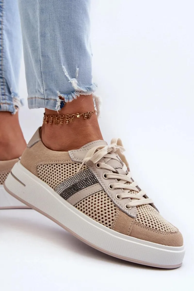 Sneakersy Damskie>Damskie buty S.Barski Sneakersy Skórzane Damskie D&A LR110 Beżowe Beżowy