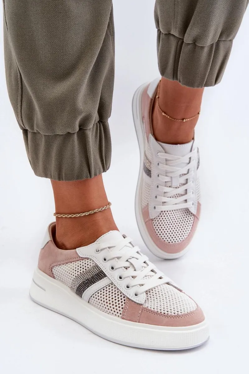 Sneakersy Damskie>Damskie buty S.Barski Sneakersy Skórzane Damskie D&A LR110 Biało-Różowe Biały