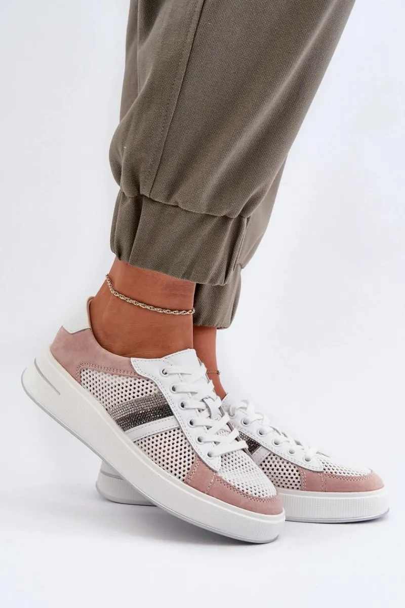 Sneakersy Damskie>Damskie buty S.Barski Sneakersy Skórzane Damskie D&A LR110 Biało-Różowe Biały