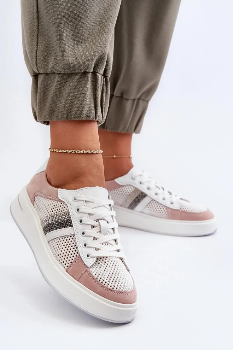 Sneakersy Damskie>Damskie buty S.Barski Sneakersy Skórzane Damskie D&A LR110 Biało-Różowe Biały