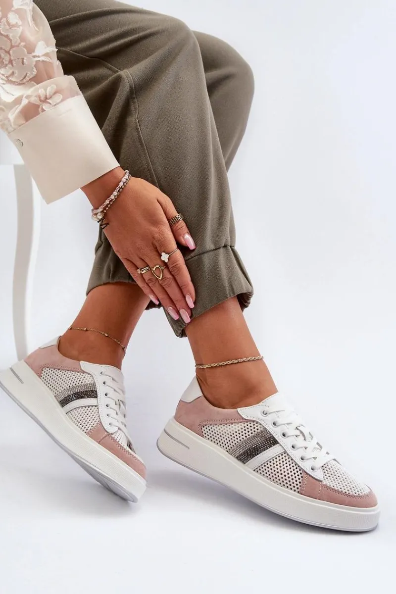 Sneakersy Damskie>Damskie buty S.Barski Sneakersy Skórzane Damskie D&A LR110 Biało-Różowe Biały