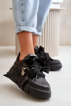 New Sneakersy Skórzane Damskie Na Platformie Czarne 4568 Damskie Buty Sportowe Na Platformie