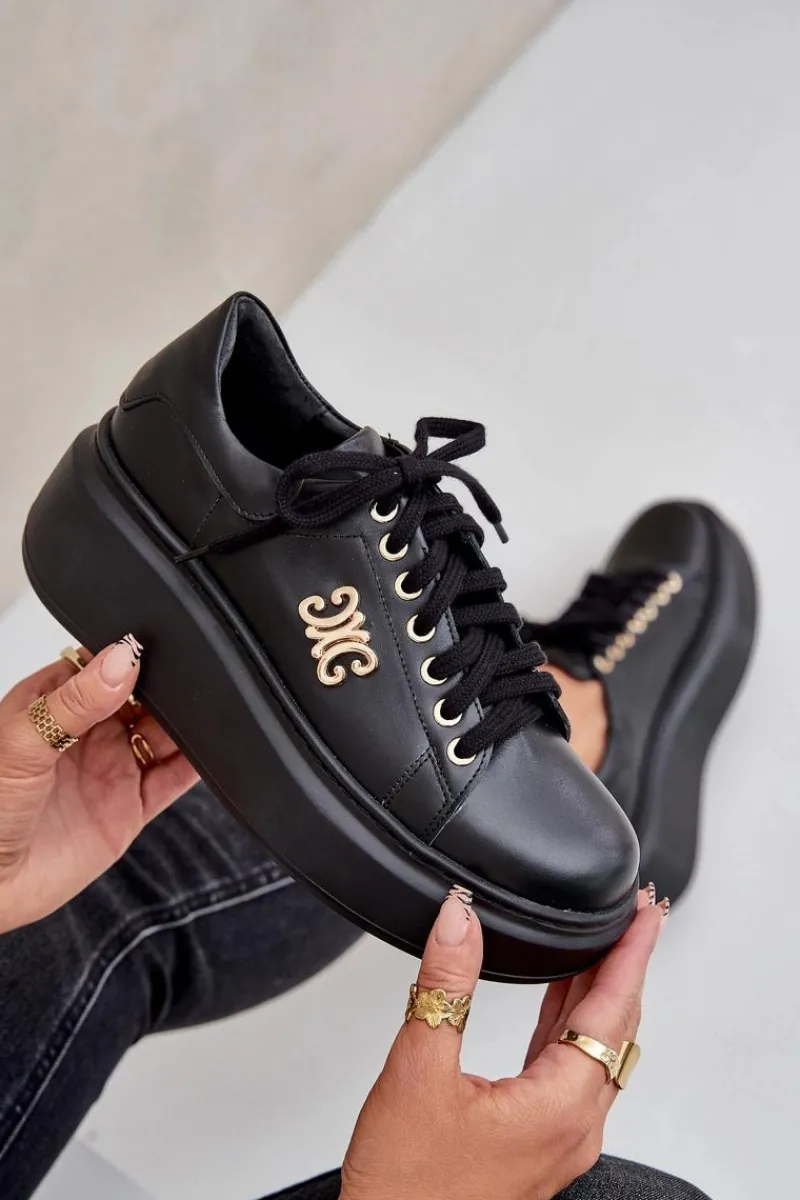 Sneakersy Damskie>Zazoo Sneakersy Ze Skóry Naturalnej Na Platformie Złota Ozdoba Lewski 3428 Czarne