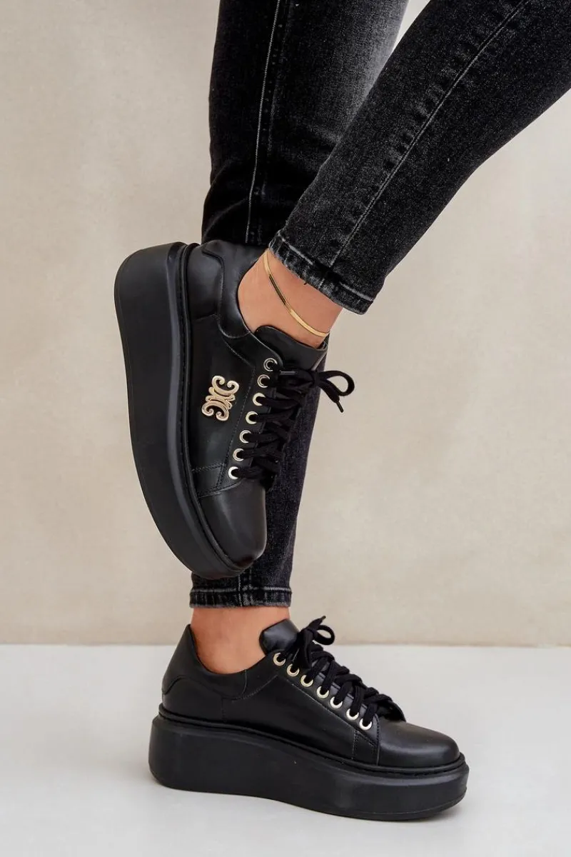 Sneakersy Damskie>Zazoo Sneakersy Ze Skóry Naturalnej Na Platformie Złota Ozdoba Lewski 3428 Czarne