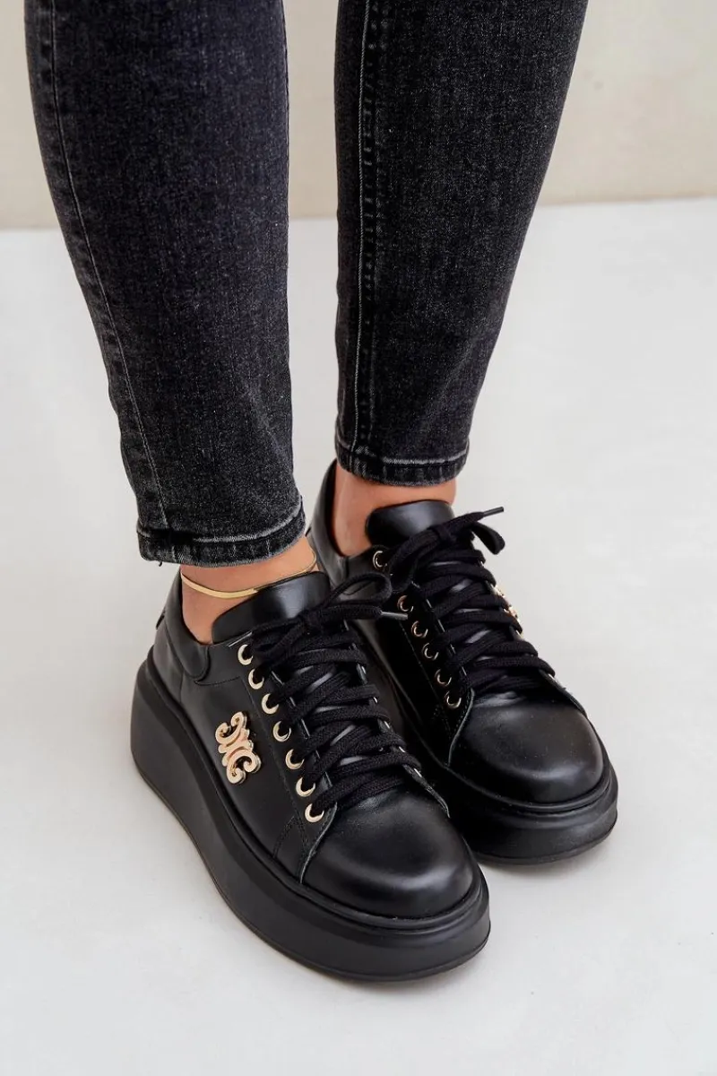 Sneakersy Damskie>Zazoo Sneakersy Ze Skóry Naturalnej Na Platformie Złota Ozdoba Lewski 3428 Czarne