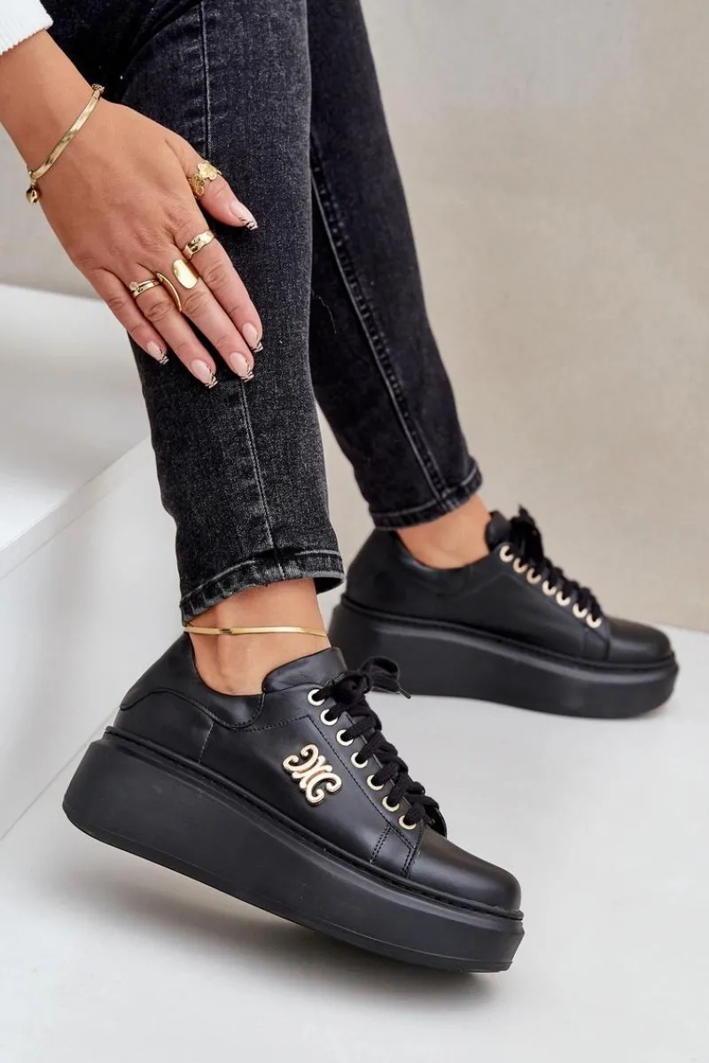 Sneakersy Damskie>Zazoo Sneakersy Ze Skóry Naturalnej Na Platformie Złota Ozdoba Lewski 3428 Czarne