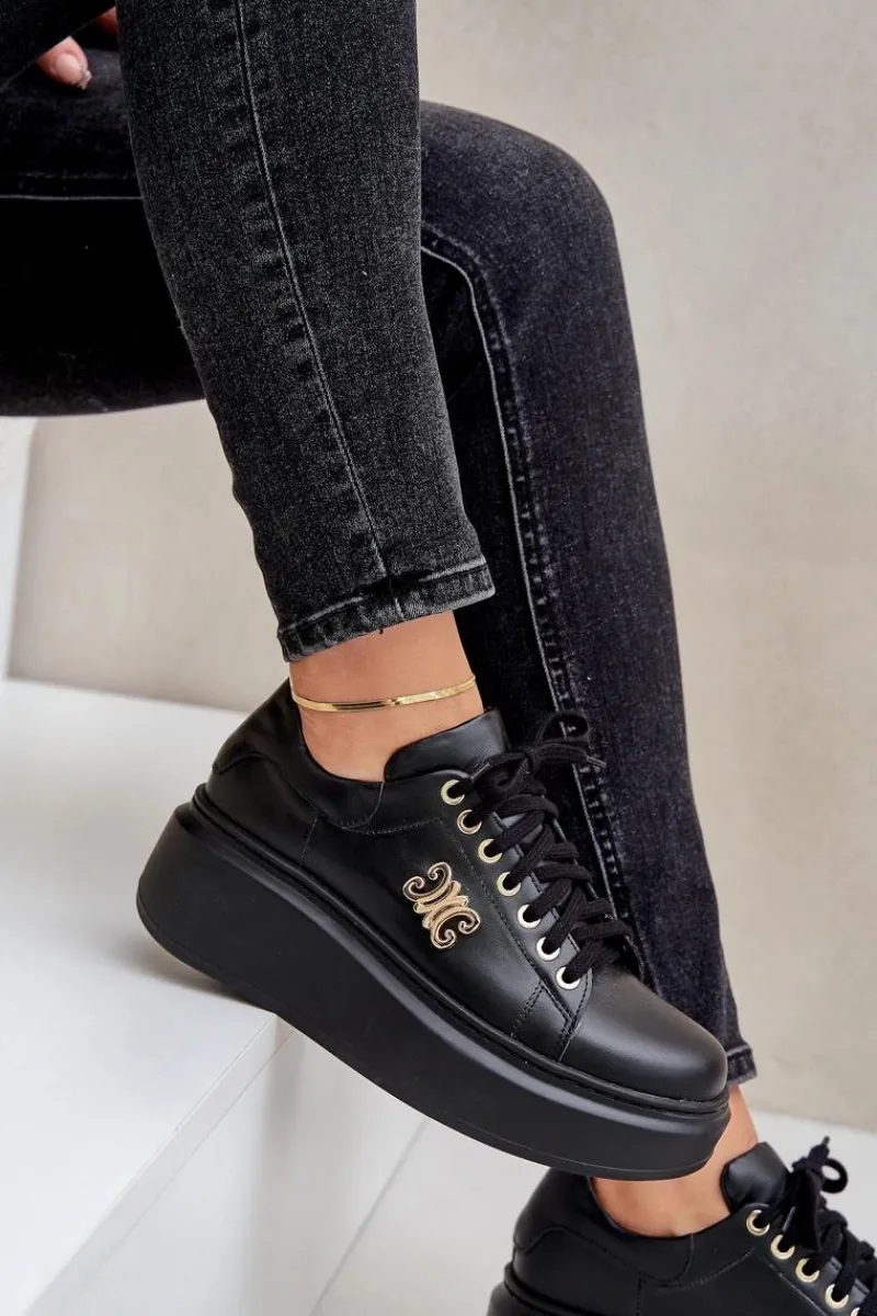 Sneakersy Damskie>Zazoo Sneakersy Ze Skóry Naturalnej Na Platformie Złota Ozdoba Lewski 3428 Czarne