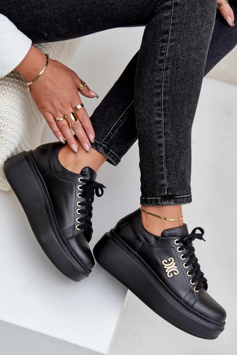 Sneakersy Damskie>Zazoo Sneakersy Ze Skóry Naturalnej Na Platformie Złota Ozdoba Lewski 3428 Czarne