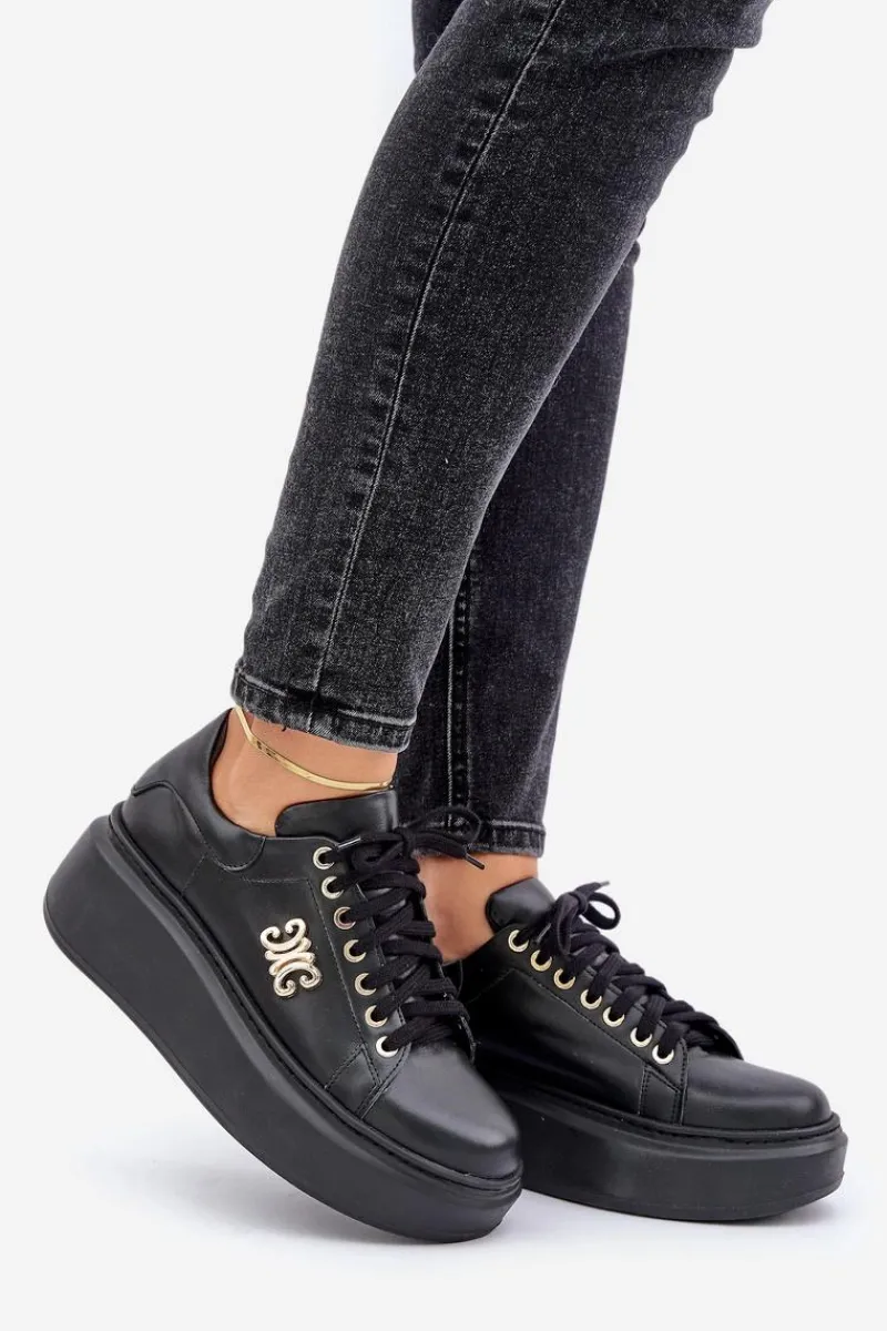Sneakersy Damskie>Zazoo Sneakersy Ze Skóry Naturalnej Na Platformie Złota Ozdoba Lewski 3428 Czarne