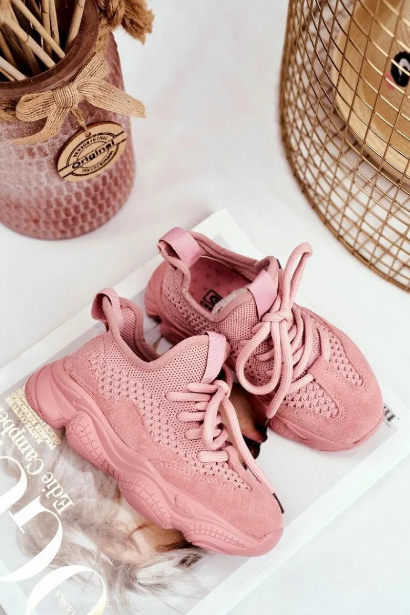 Best Evento Sportowe Buty Dziecięce Sznurowane Zamszowe Różowe Volema