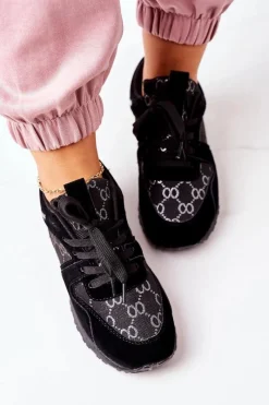 Hot Sportowe Buty Sneakersy Czarno-Srebrne Aruba Damskie Buty Sportowe Na Platformie