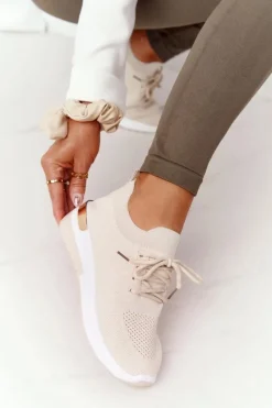 Outlet Sportowe Buty Sneakersy Na Koturnie Beżowe Adeyla Damskie Sneakersy Damskie