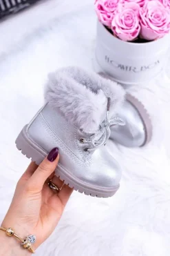 Dziewczęce></noscript>Boto Srebrne Ocieplane Dziecięce Botki Trapery Fobos Srebrny