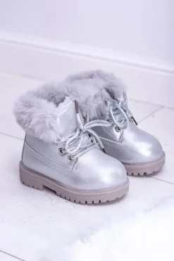 Dziewczęce></noscript>Boto Srebrne Ocieplane Dziecięce Botki Trapery Fobos Srebrny
