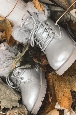 Dziewczęce></noscript>Boto Srebrne Ocieplane Dziecięce Botki Trapery Fobos Srebrny