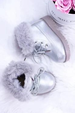 Dziewczęce></noscript>Boto Srebrne Ocieplane Dziecięce Botki Trapery Fobos Srebrny