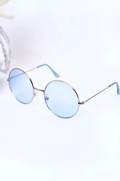 Discount Srebrne Okulary Lenonki Z Niebieskimi Szkłami Okulary