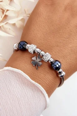 Bransoletki>Boto Stalowa Bransoletka Z Charmsami Koniczyna Srebrno-Czarna